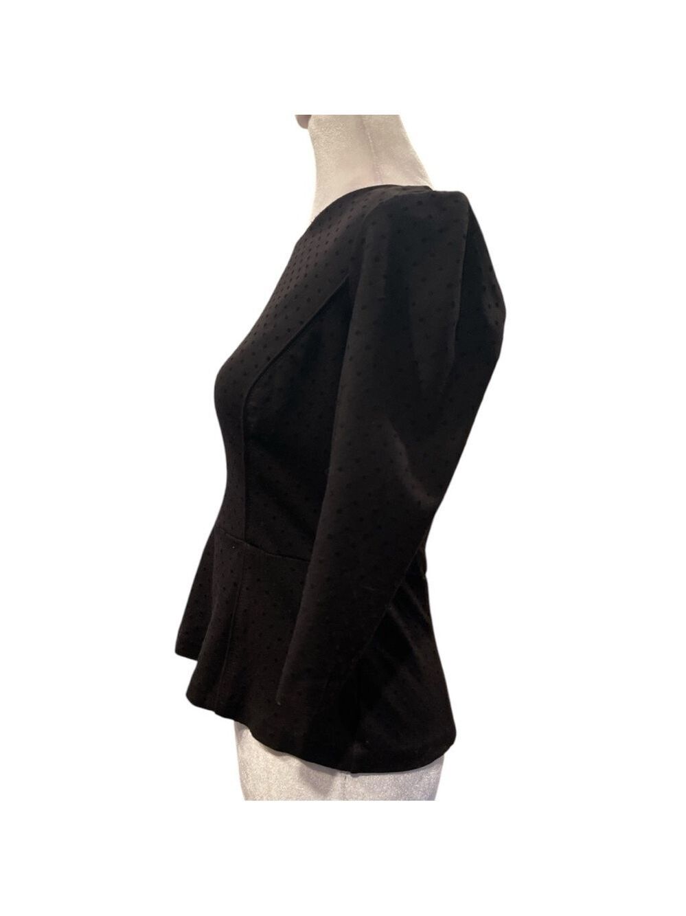 White House Black Market Black Swiss Dot Peplum Top Back Zip 3/4 Sleeve - Picture 3 of 7